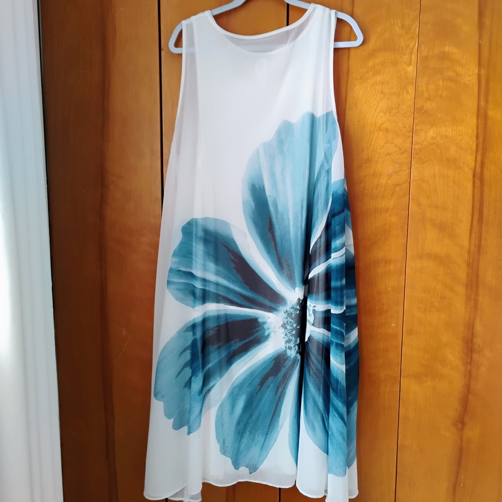 Wynne Layer Size XL Floral Midi Dress in Blue and White 2 Pieces Sheer Overlay - Picture 2 of 14